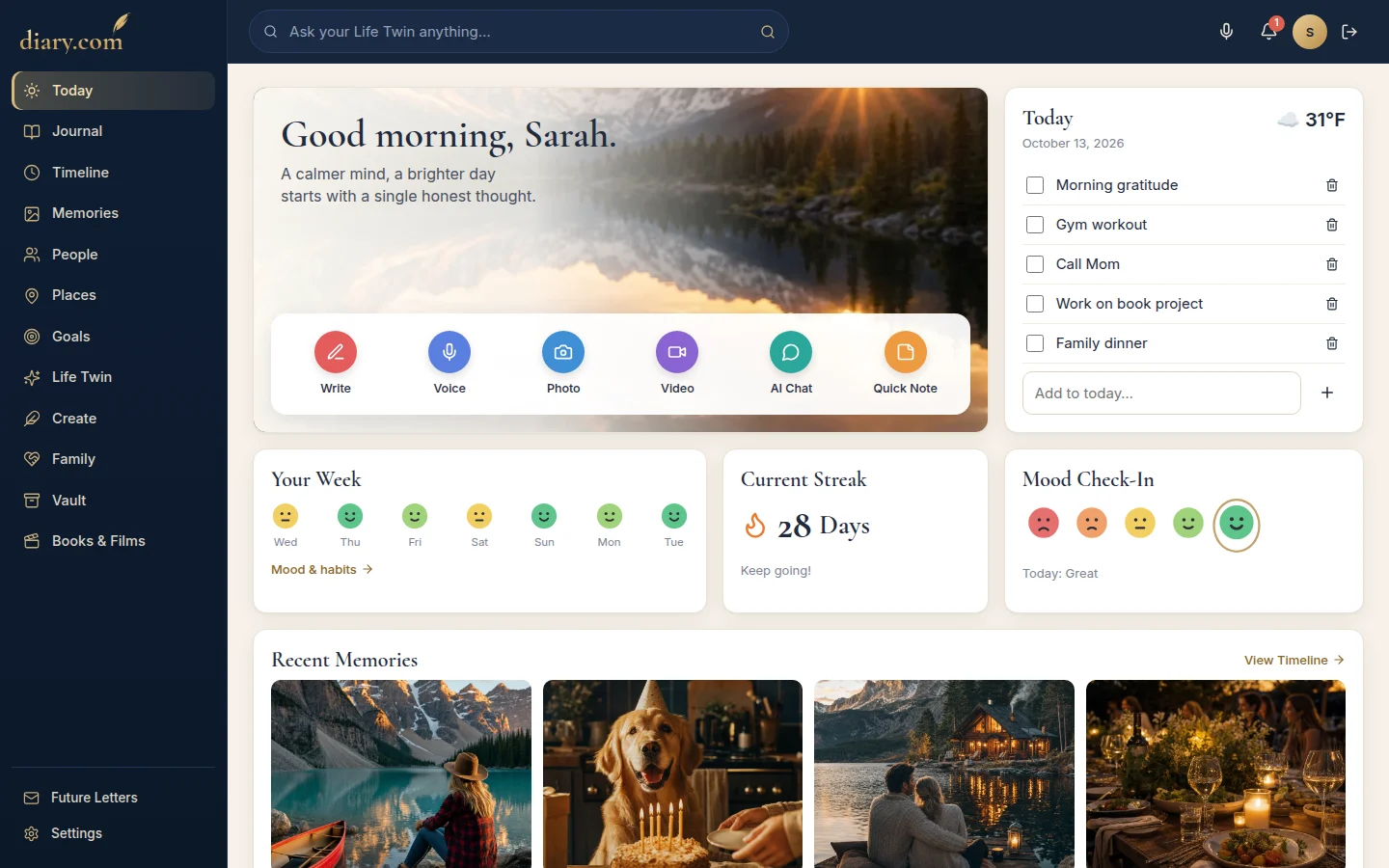 The Diary.com Today dashboard: greeting, quick actions, today's checklist, your week's moods, current streak, mood check-in and recent memories