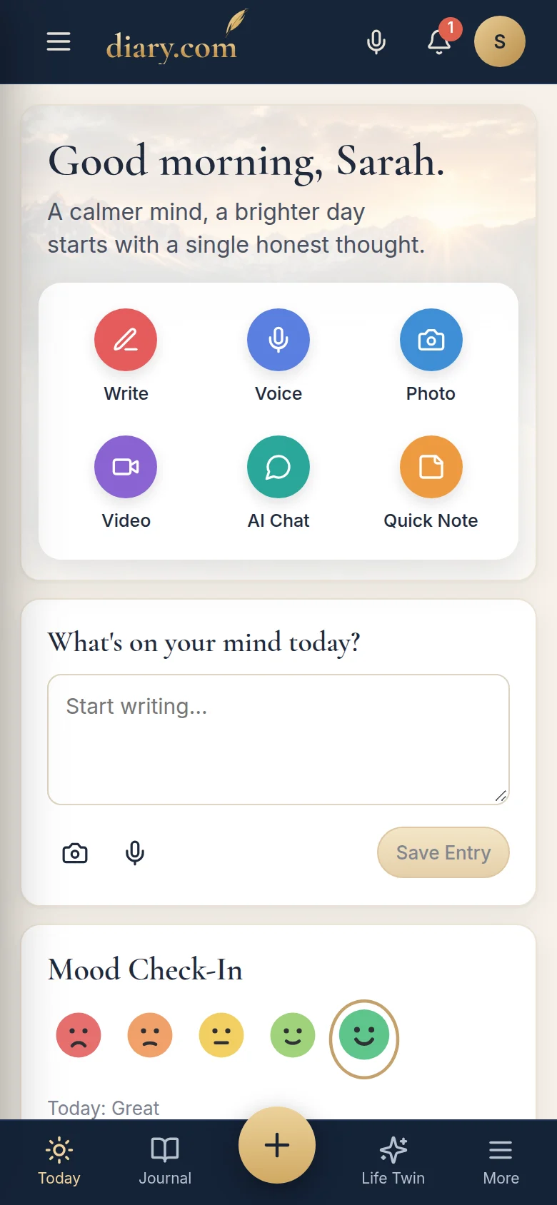 Diary.com on a phone: greeting, quick actions and today's list